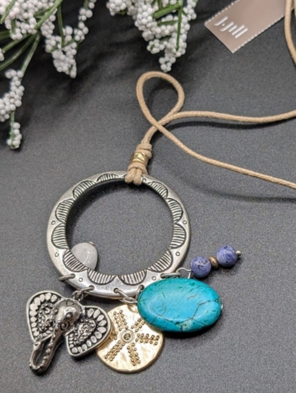J. Jill Silver and Turquoise Elephant Charm Pendant Necklace Adjustable Cord NWT